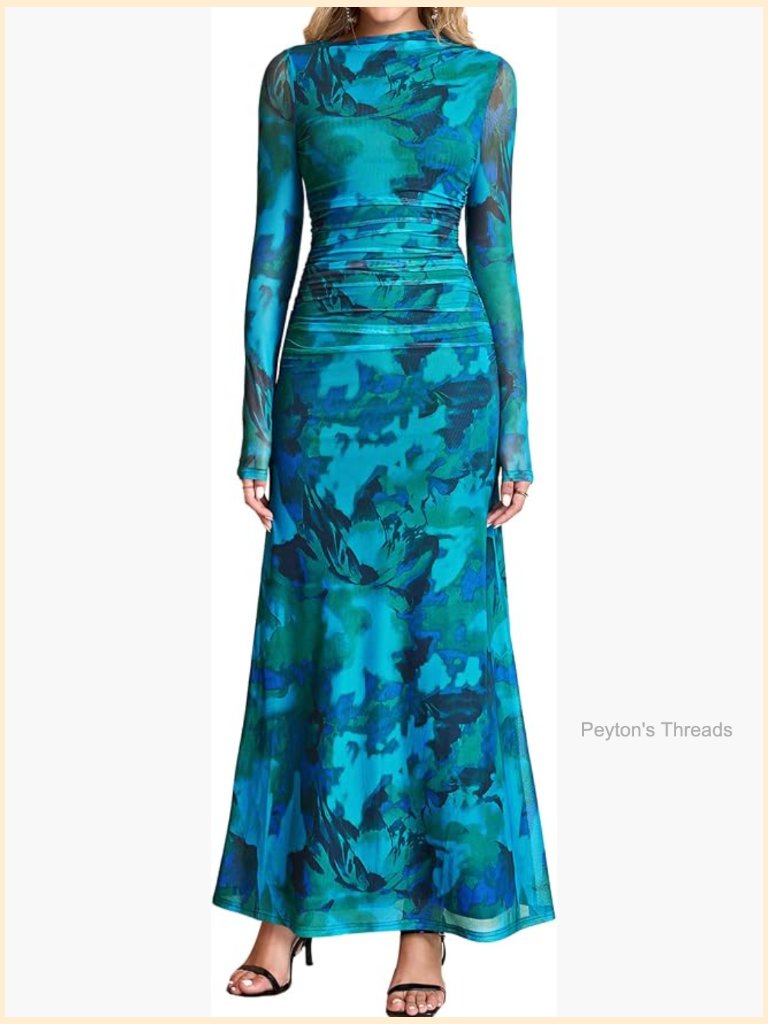 Long Sleeve Bodycon Floral Maxi Dress Ruched A-Line Flowly Wedding Guest Formal